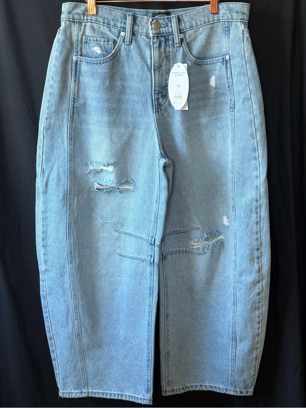 Women's Light Blue Distressed High-Rise Barrel Jeans